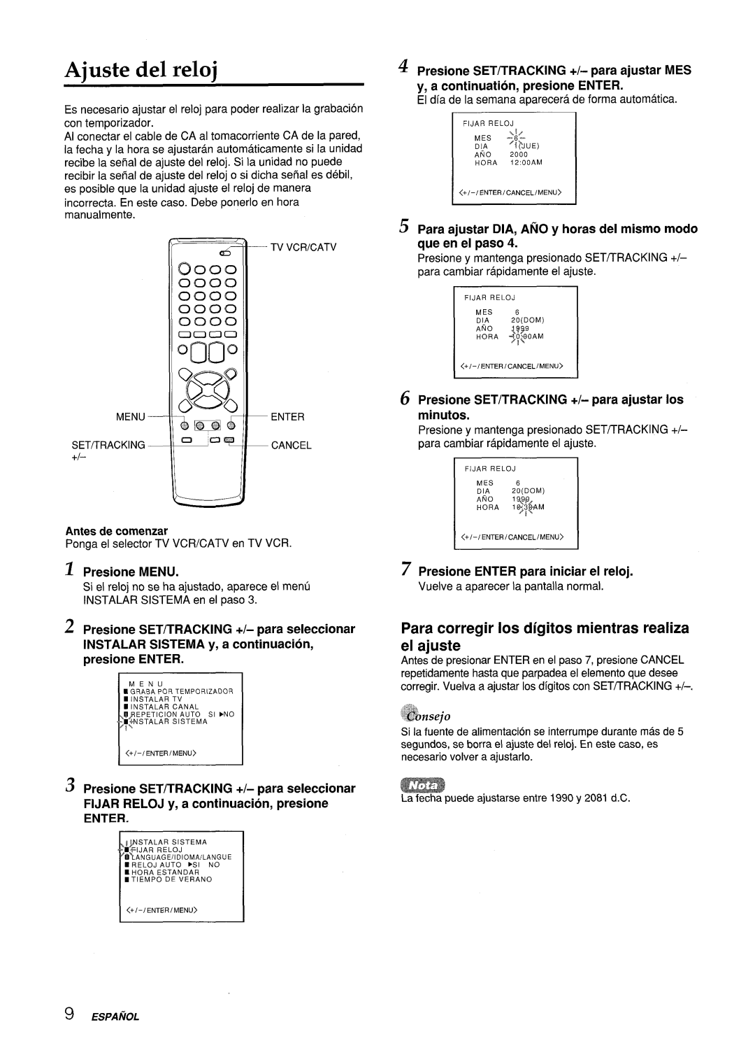 Aiwa VX-S135U, VX-S205U manual Ajuste del reloj, Para corregir Ios digitos mientras realiza el ajuste 