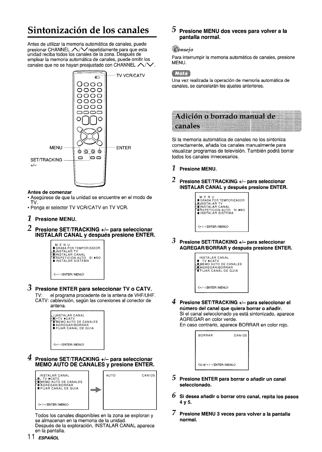 Aiwa VX-S135U, VX-S205U manual Sintonizacion de 10Scanales, Presione Menu dos veces para volver’ a la pantalla normal 