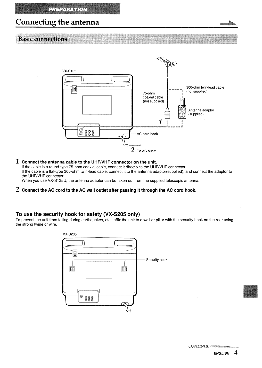 Aiwa VX-S205U, VX-S135U manual Connecting the antenna, To use the security hook for safety VX-S205 only 