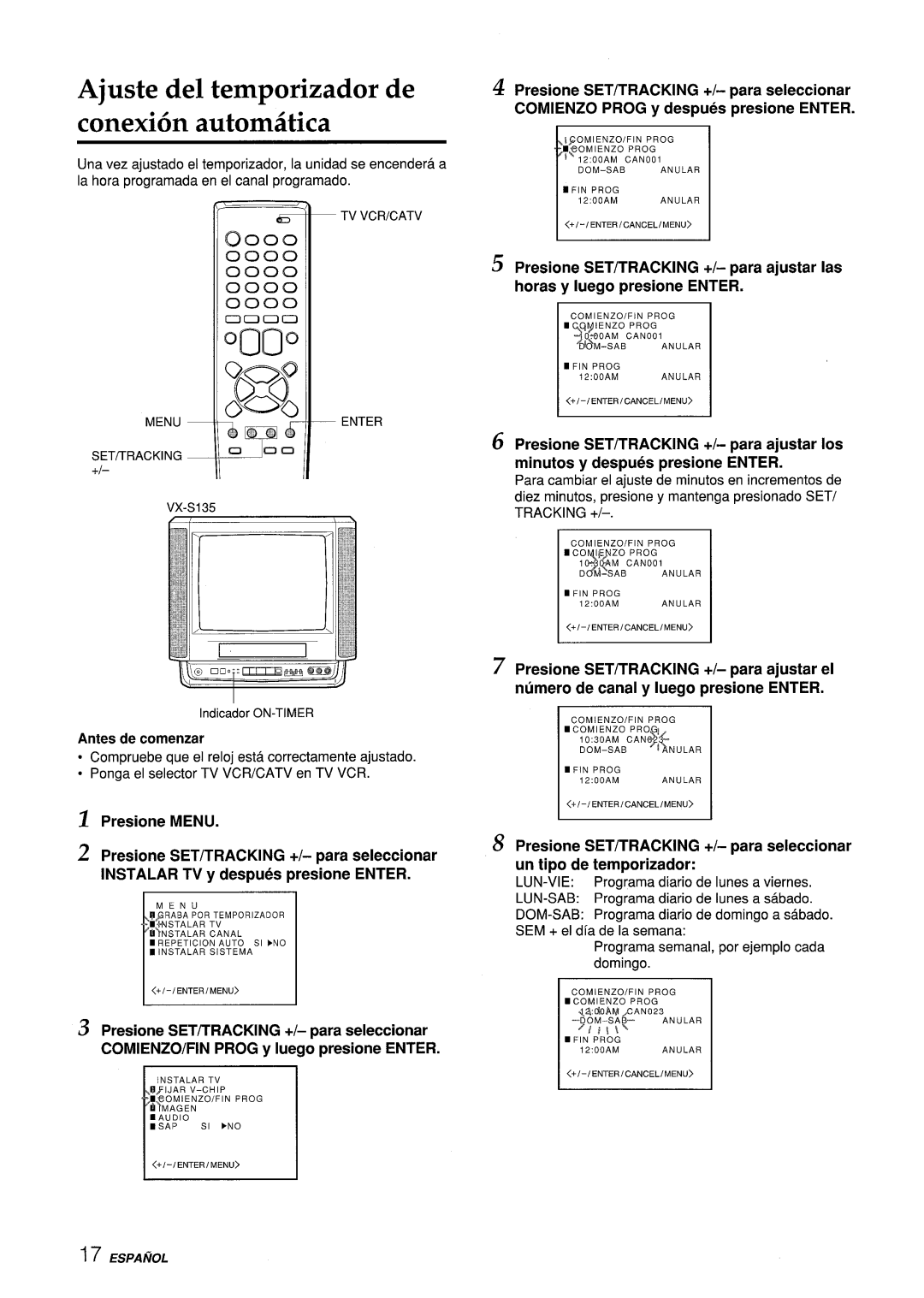 Aiwa VX-S135U, VX-S205U manual Ajuste del temporizador de Conexitk autom6tica, Menuenter SET/TRACKING, Lun-Vie, Lun-Sab 