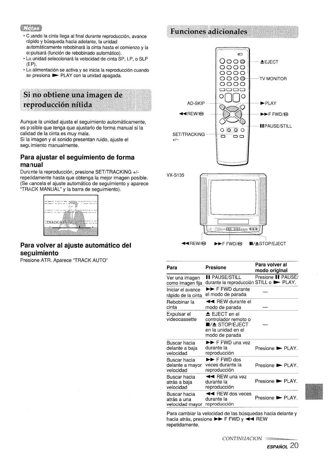 Aiwa VX-S205U manual Para ajustar el seguimiento de forma, Par’a volver al ajuste automatic del seguirniento, Pause~, Fwd 