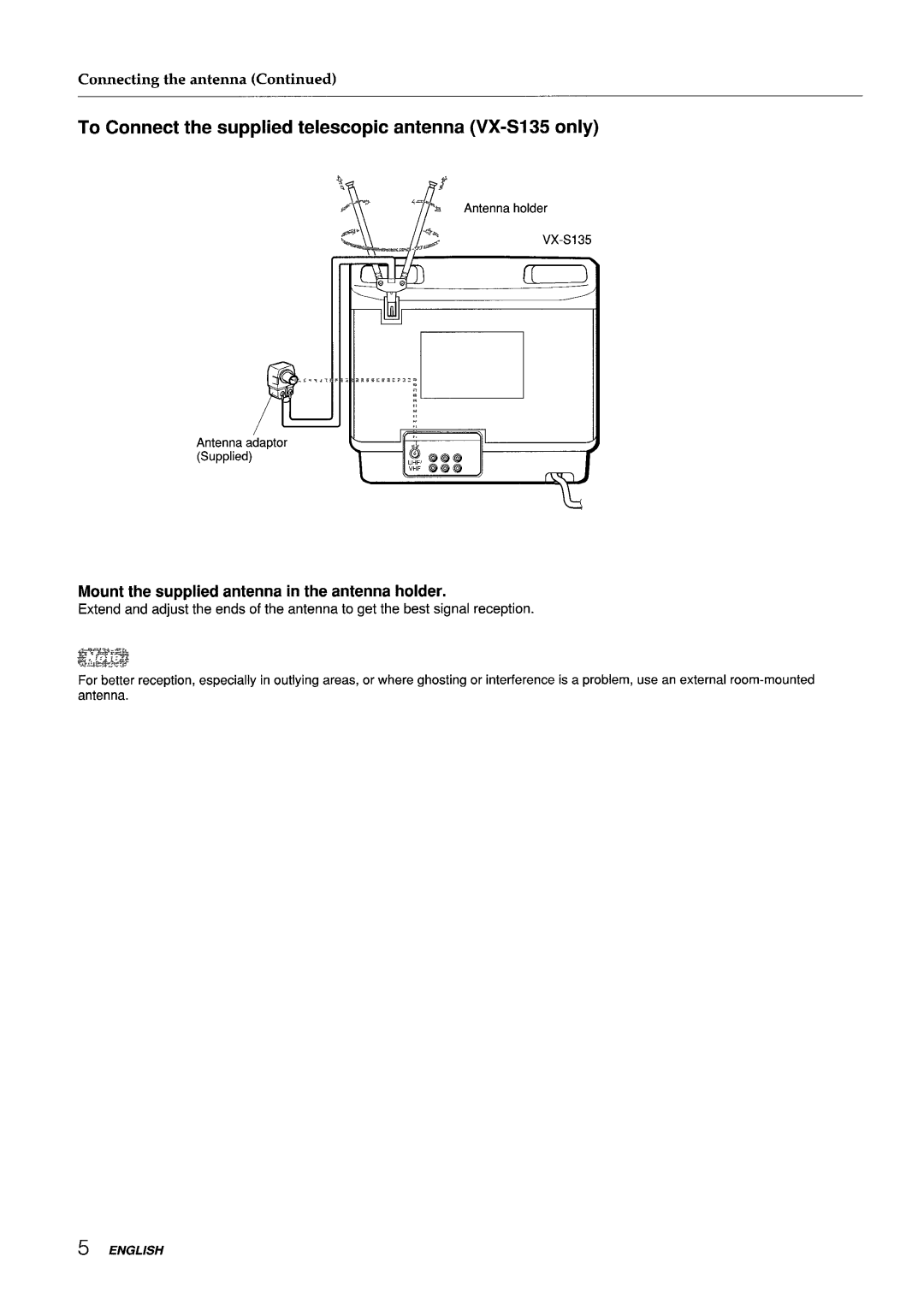 Aiwa VX-S135U, VX-S205U manual To Connect the supplied telescopic antenna VX-SI 35 only, @y&g, Connecting the antenna 