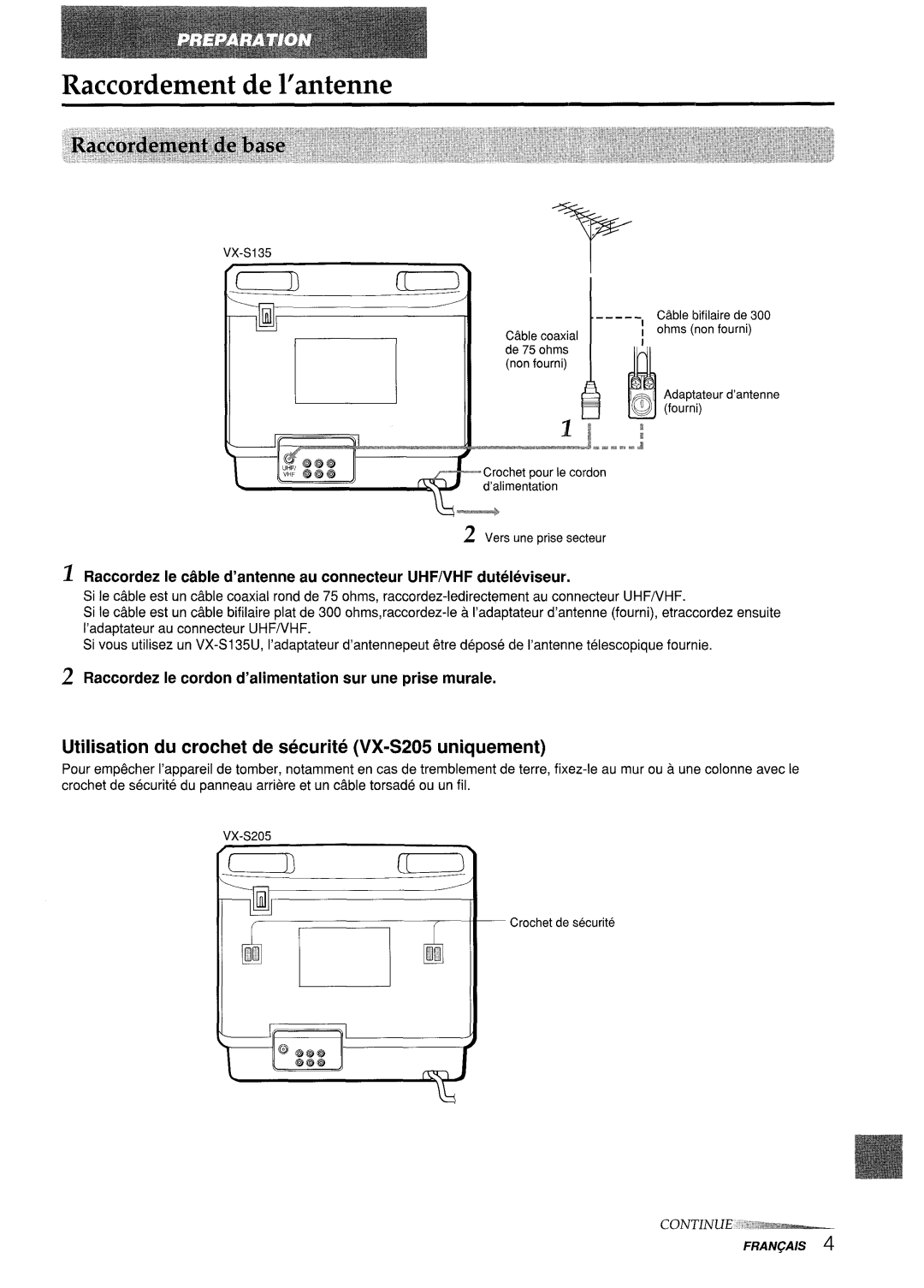 Aiwa VX-S205U, VX-S135U manual Raccordement de l’antenne, Utilisation du crochet de securite VX-S205 uniquement 