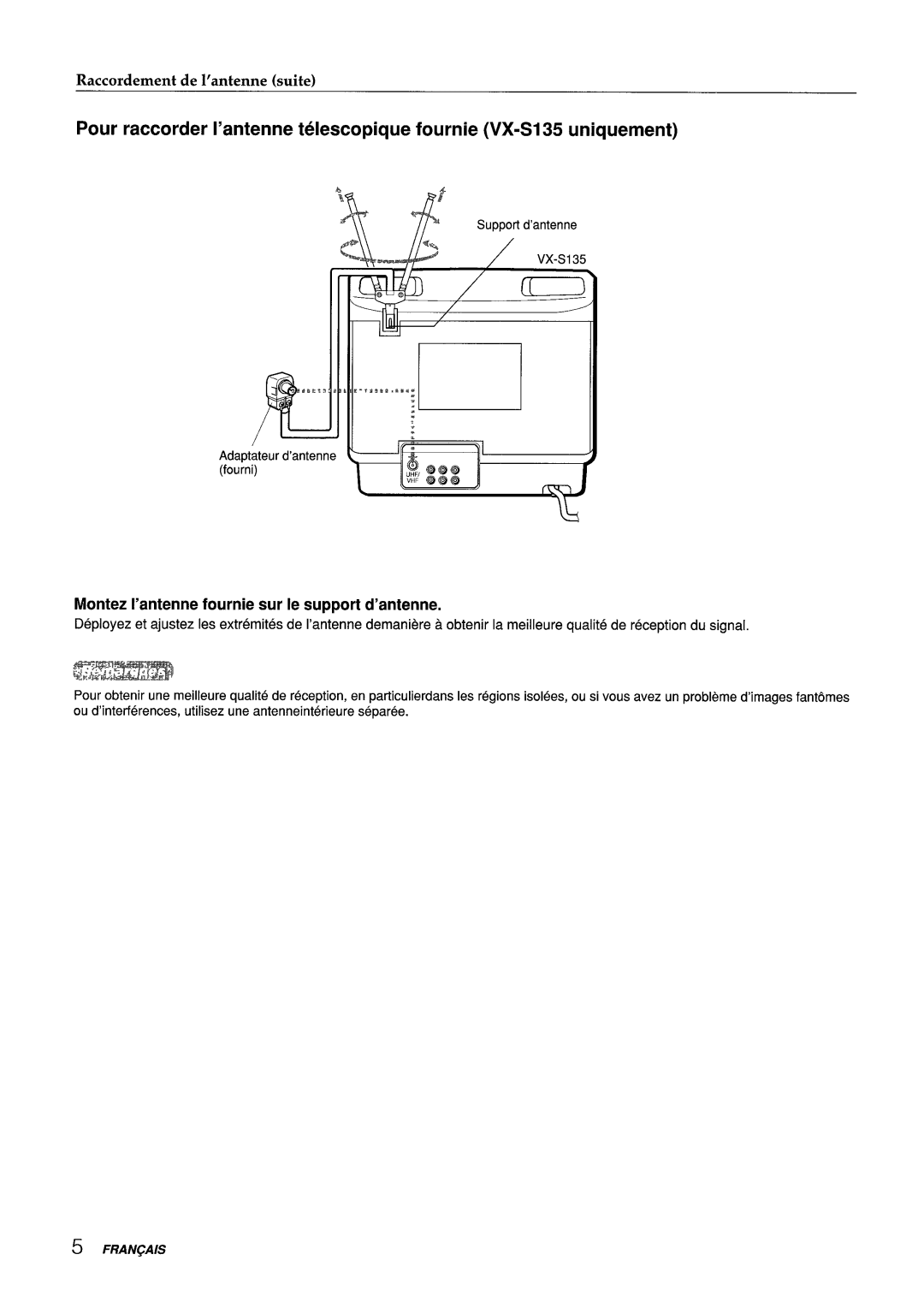 Aiwa VX-S135U, VX-S205U manual Montez I’antenne fournie sur Ie support d’antenne, Adaptateur d’antenne fourni 