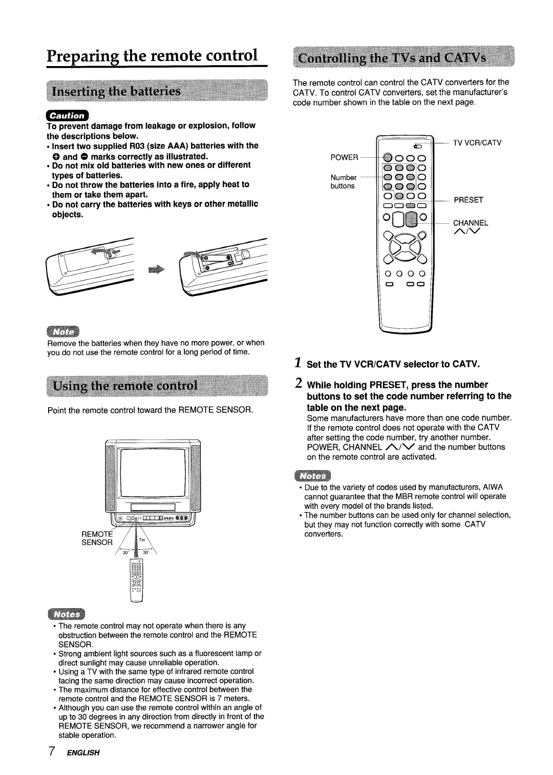 Aiwa VX-S135U, VX-S205U manual Preparing the remote control, TV Vcricatv Power, Number buttons, Preset, Channel A/v 