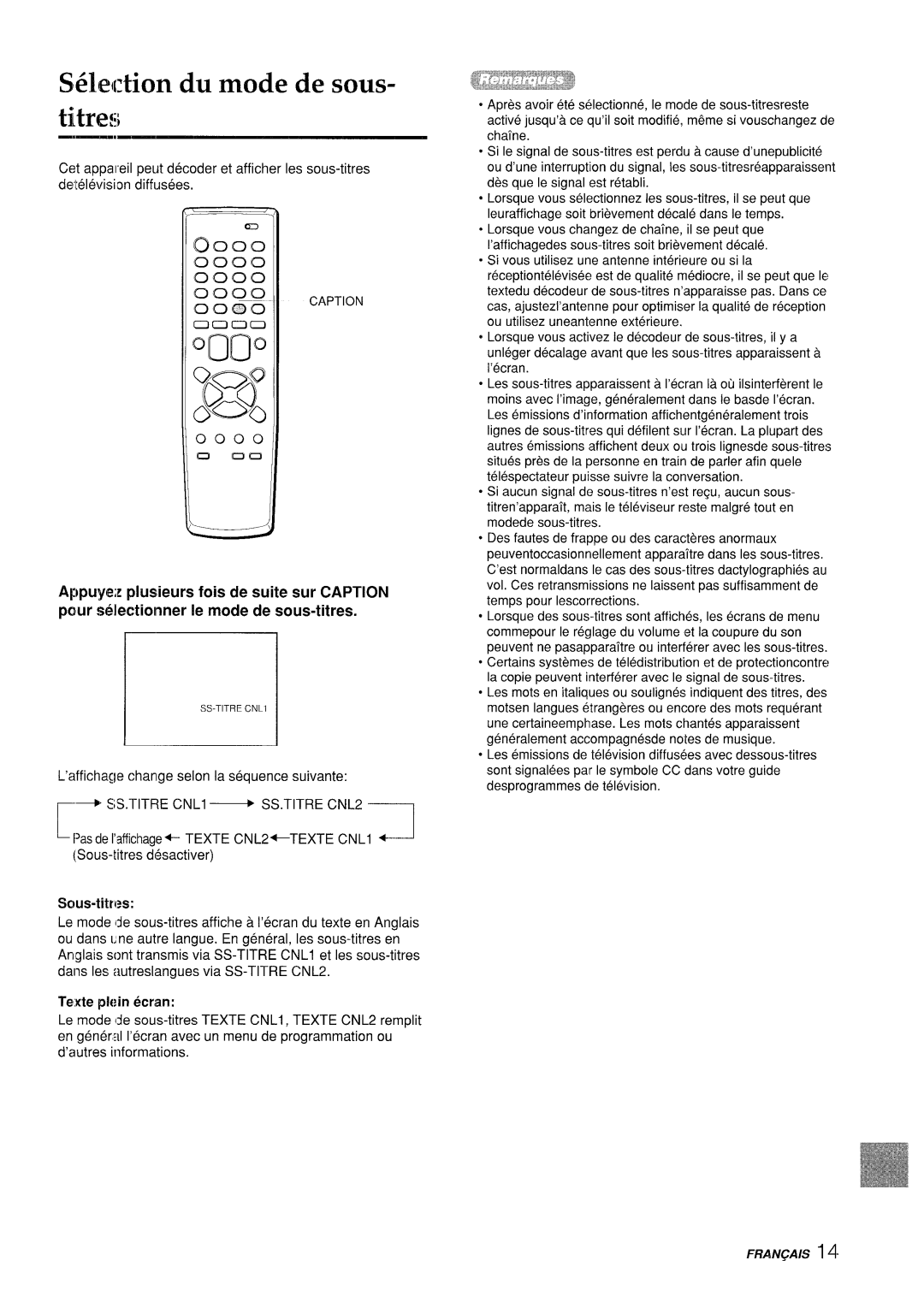 Aiwa VX-S205U, VX-S135U manual Wection du mode de sous, SS.TITRE CNL2, CNL2+TEXTE Cnli, Scms-titres, Texte plein ecran 