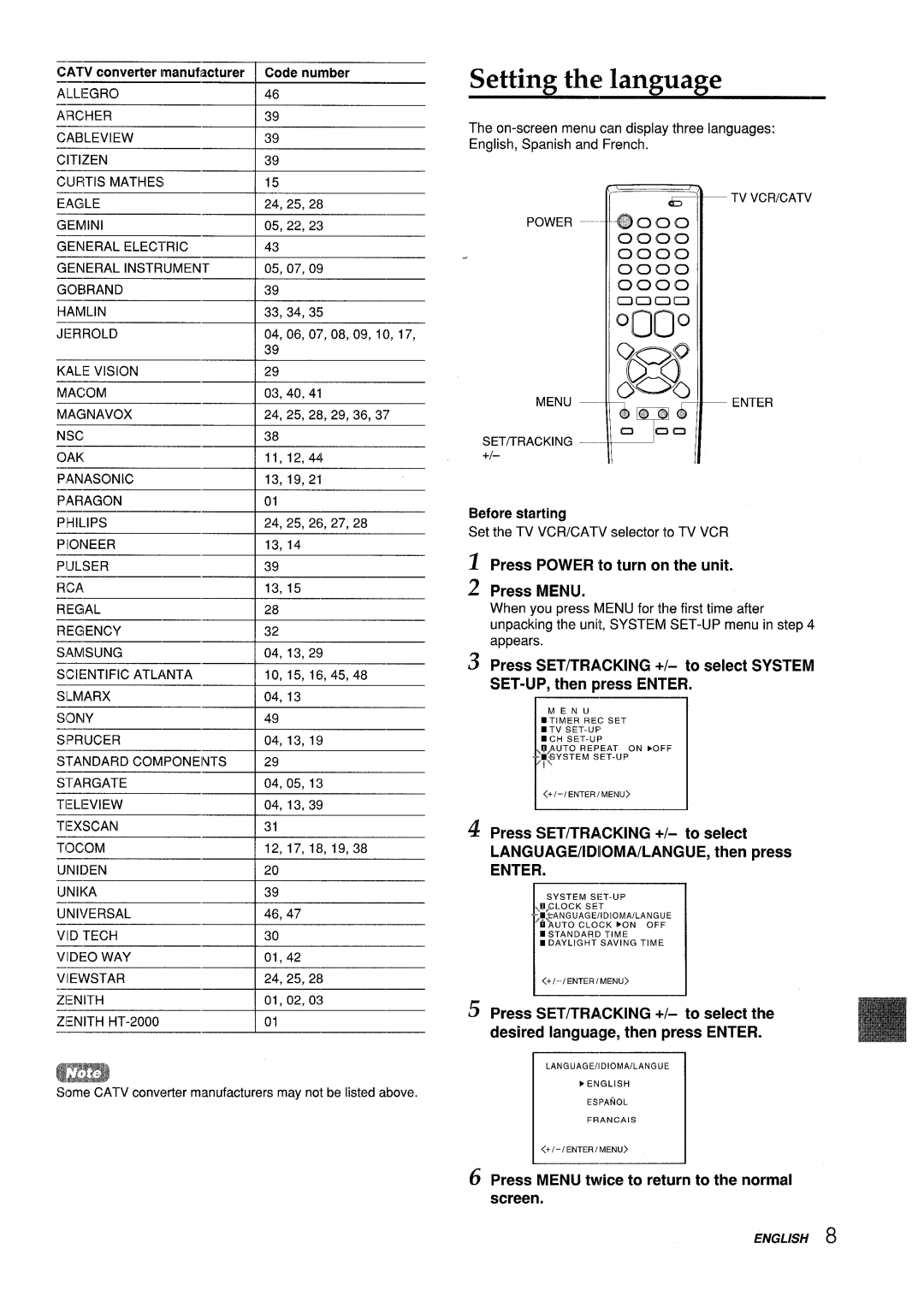 Aiwa VX-S205U, VX-S135U manual Setting the language, Before starting, Press Power to turn on the unit Press Menu 