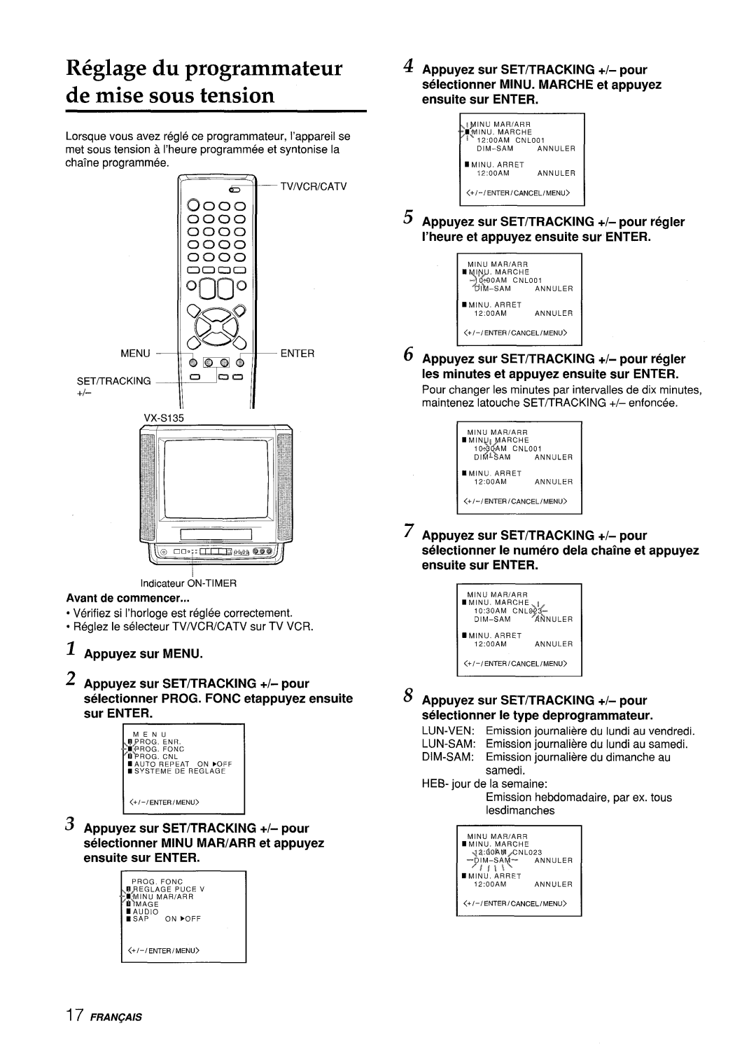 Aiwa VX-S135U R6glage du programmateur Demise sous tension, Tvivcricatv Menu Enter SET/TRACKING +1, Indicateur ON-TIMER 