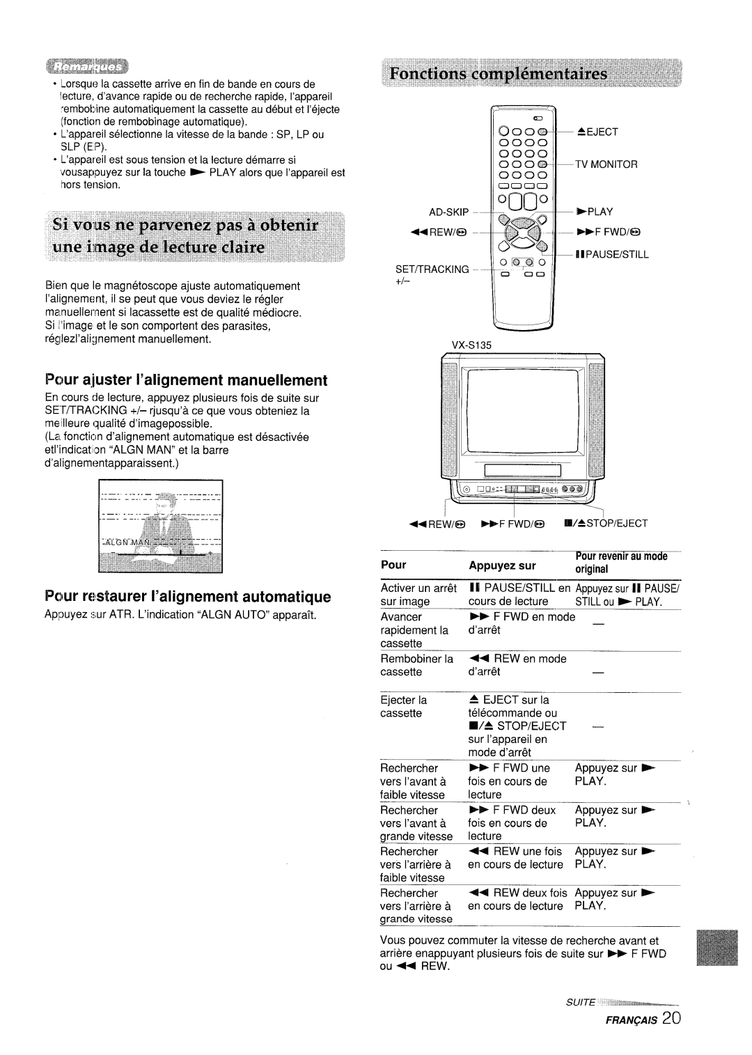 Aiwa VX-S205U, VX-S135U manual Pour rwstaurer I’alignement automatique, Slp Ep, Pour Appuyez sur, Original, Still OU- Play 