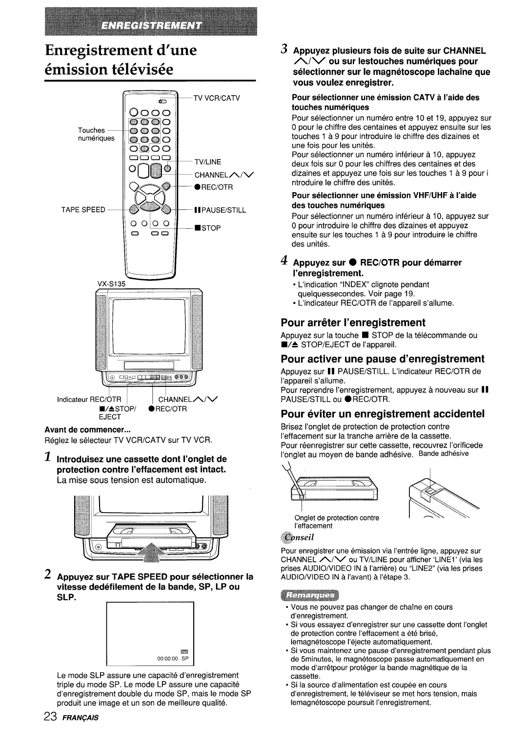 Aiwa VX-S135U, VX-S205U manual Enregistrement d’une 6mission t61&is6e, Pour arreter I’enregistrement 