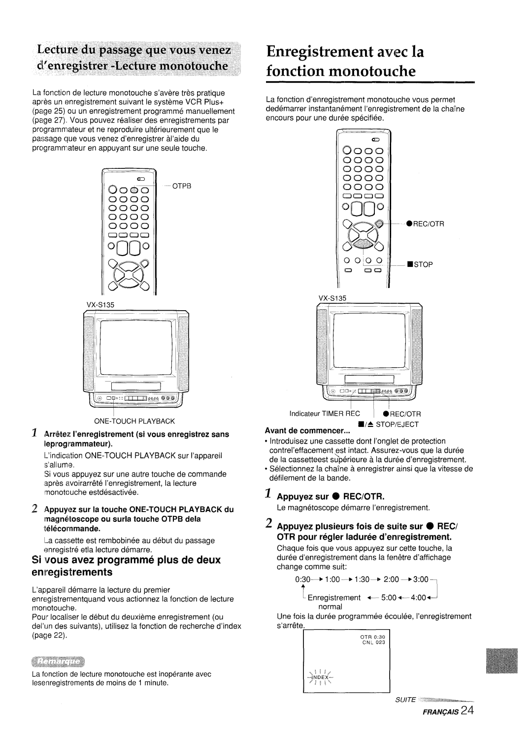 Aiwa VX-S205U, VX-S135U Enregistrement avecla Fonction monotouche, Si ‘vous avez programme plus de deux erwegistrements 