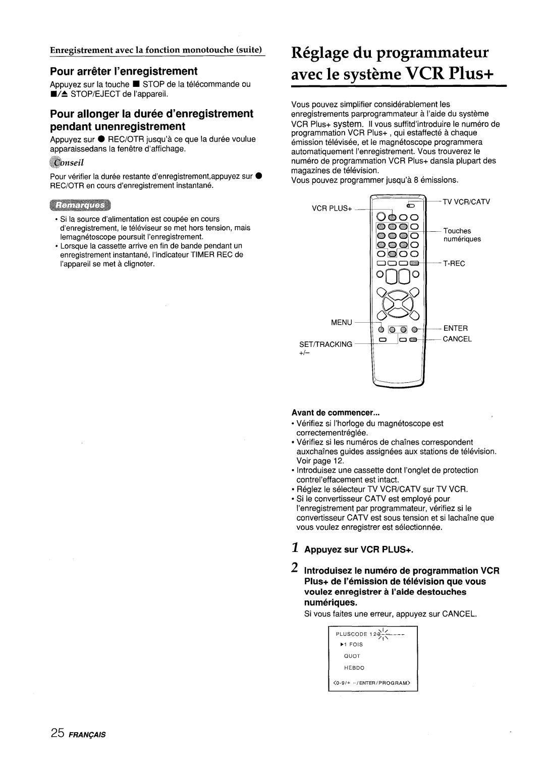 Aiwa VX-S135U R6glage du programmateur Avec le svstkme VCR Plus+, REC Menu, Si vous faites une erreur, appuyez sur Cancel 