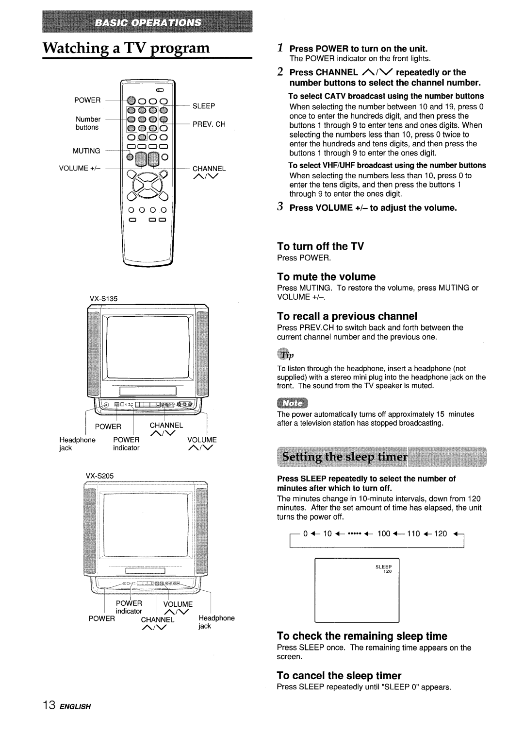 Aiwa VX-S135U, VX-S205U manual Watchirw a TV txo~ram, To turn off the TV, To mute the volume, To recall a previous channel 