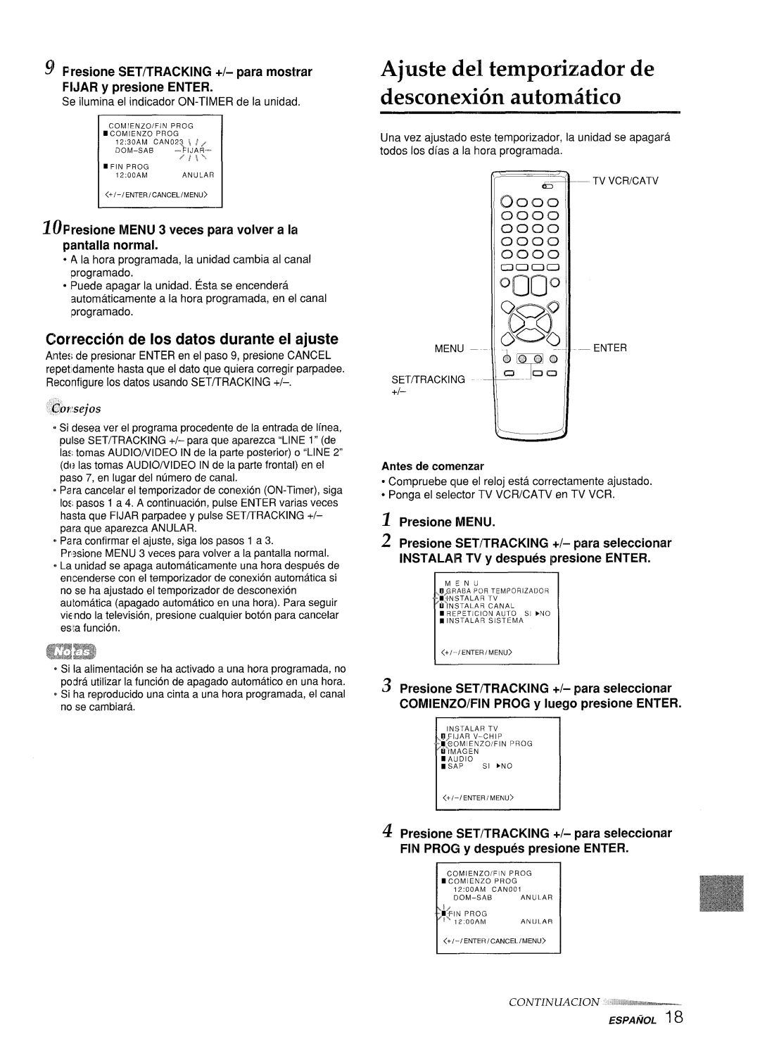 Aiwa VX-S205U, VX-S135U Ajuste del tempcwizador de desconexion autorniitico, Correction de Ios dates durante el ajuste 