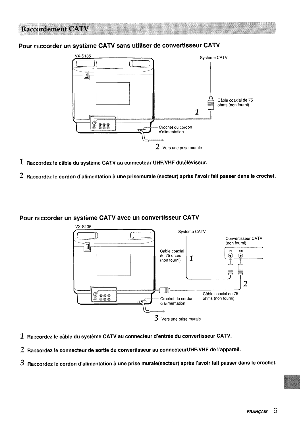 Aiwa VX-S205U, VX-S135U manual w---+, qiiiiJ, Q=&--+, Pour raccot’der un systeme CATV saris utiliser de convertisseur CATV 