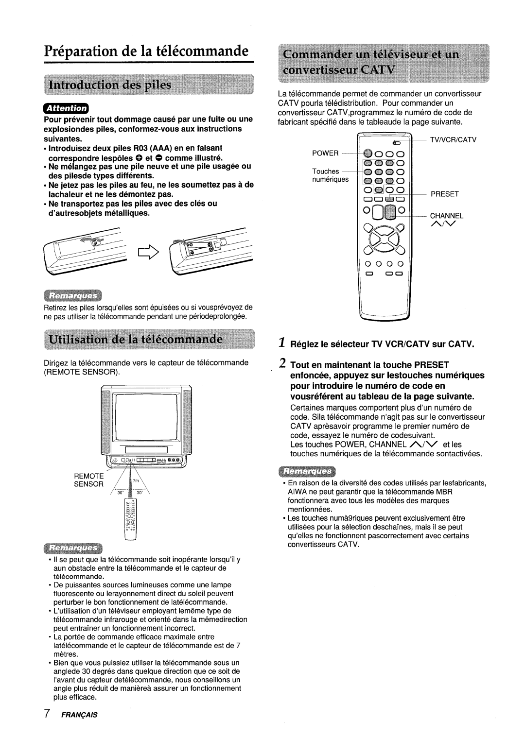 Aiwa VX-S135U, VX-S205U manual Preparation de la t616commande, Reglez Ie selecteur TV VCR/CATV sur CATV 