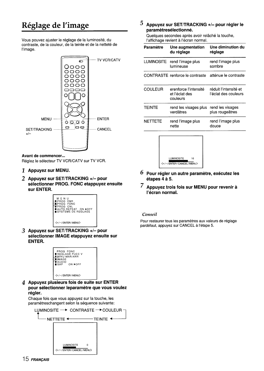 Aiwa VX-S135U manual R6glage de l’image, Appuyez sur MENU, Appuyez sur SET/TRACKING +/- pour regler Ie parametreselectionne 