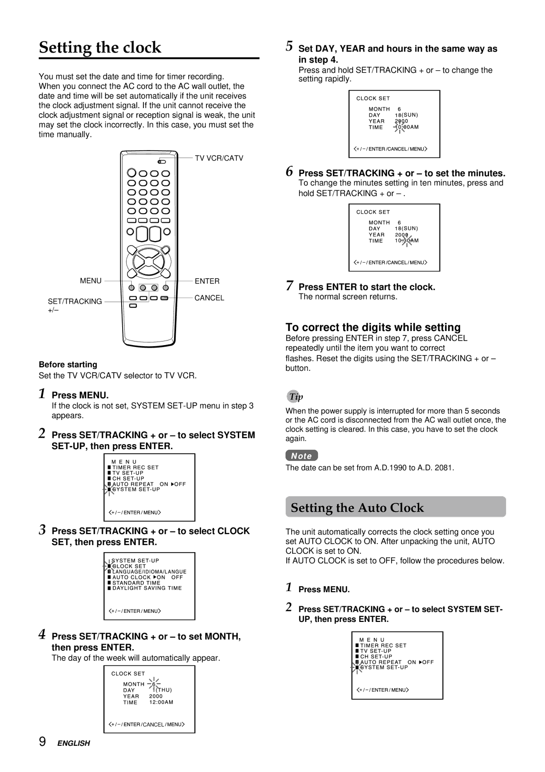 Aiwa VX-S137U, VX-S207U manual Setting the clock, Setting the Auto Clock, To correct the digits while setting 