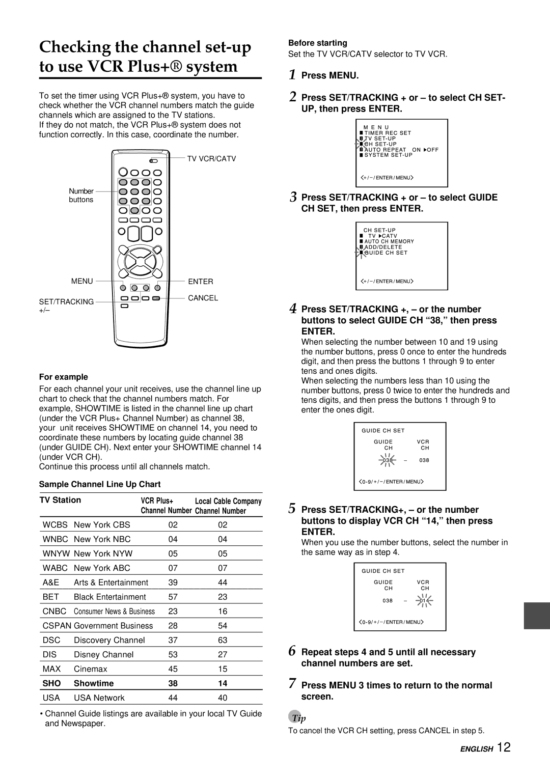 Aiwa VX-S207U, VX-S137U manual Checking the channel set-up to use VCR Plus+ system, For example, Showtime 