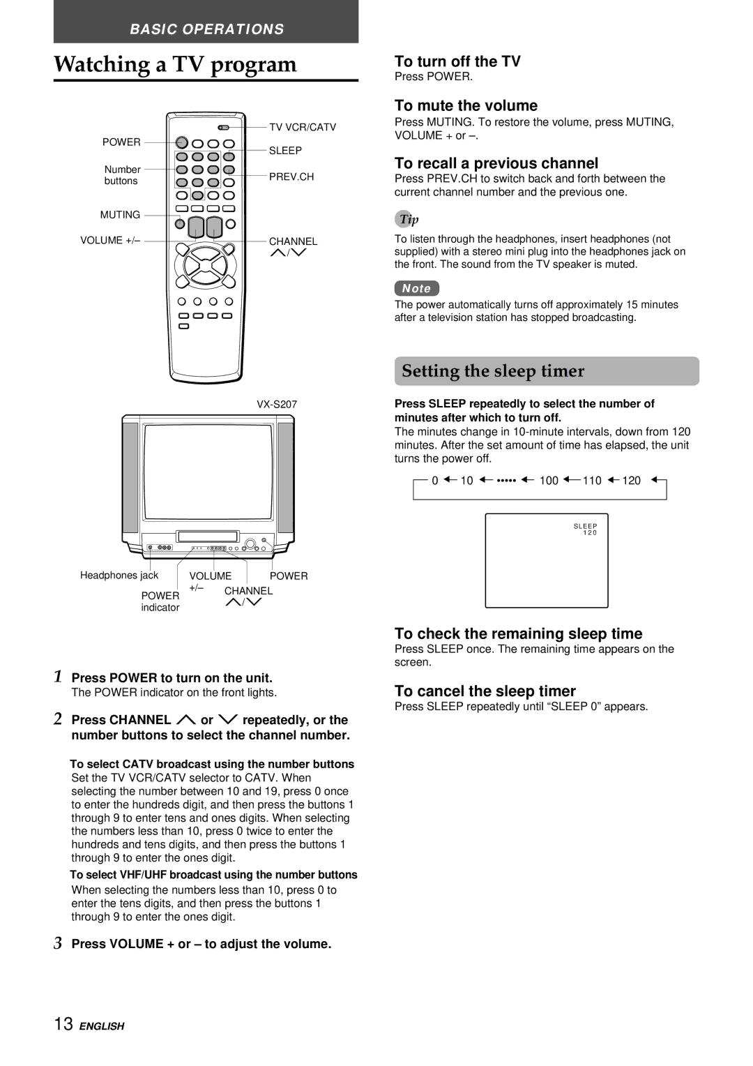 Aiwa VX-S137U, VX-S207U manual Watching a TV program, Setting the sleep timer 