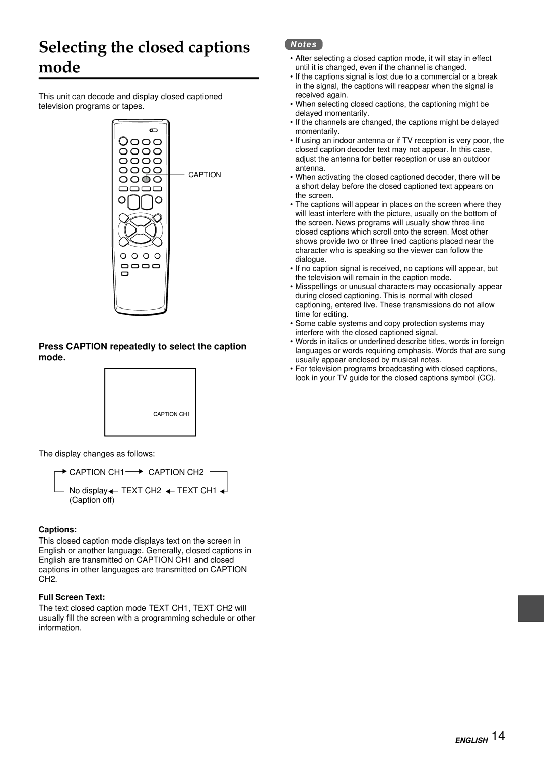 Aiwa VX-S207U, VX-S137U Selecting the closed captions mode, Press Caption repeatedly to select the caption mode, Captions 