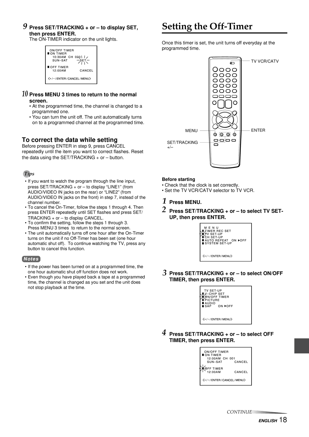 Aiwa VX-S207U, VX-S137U manual Setting the Off-Timer, To correct the data while setting 