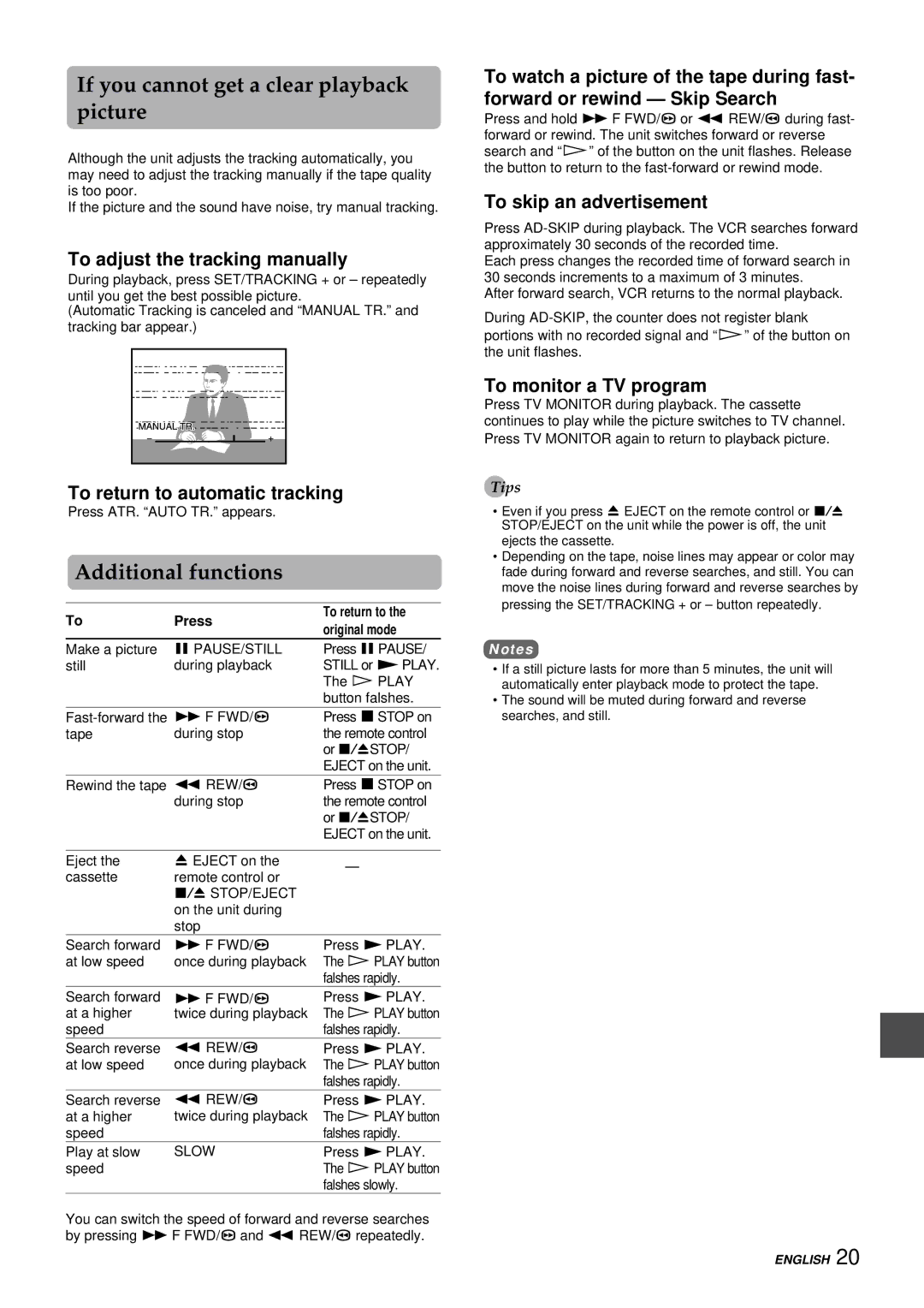 Aiwa VX-S207U, VX-S137U manual If you cannot get a clear playback picture, Additional functions 