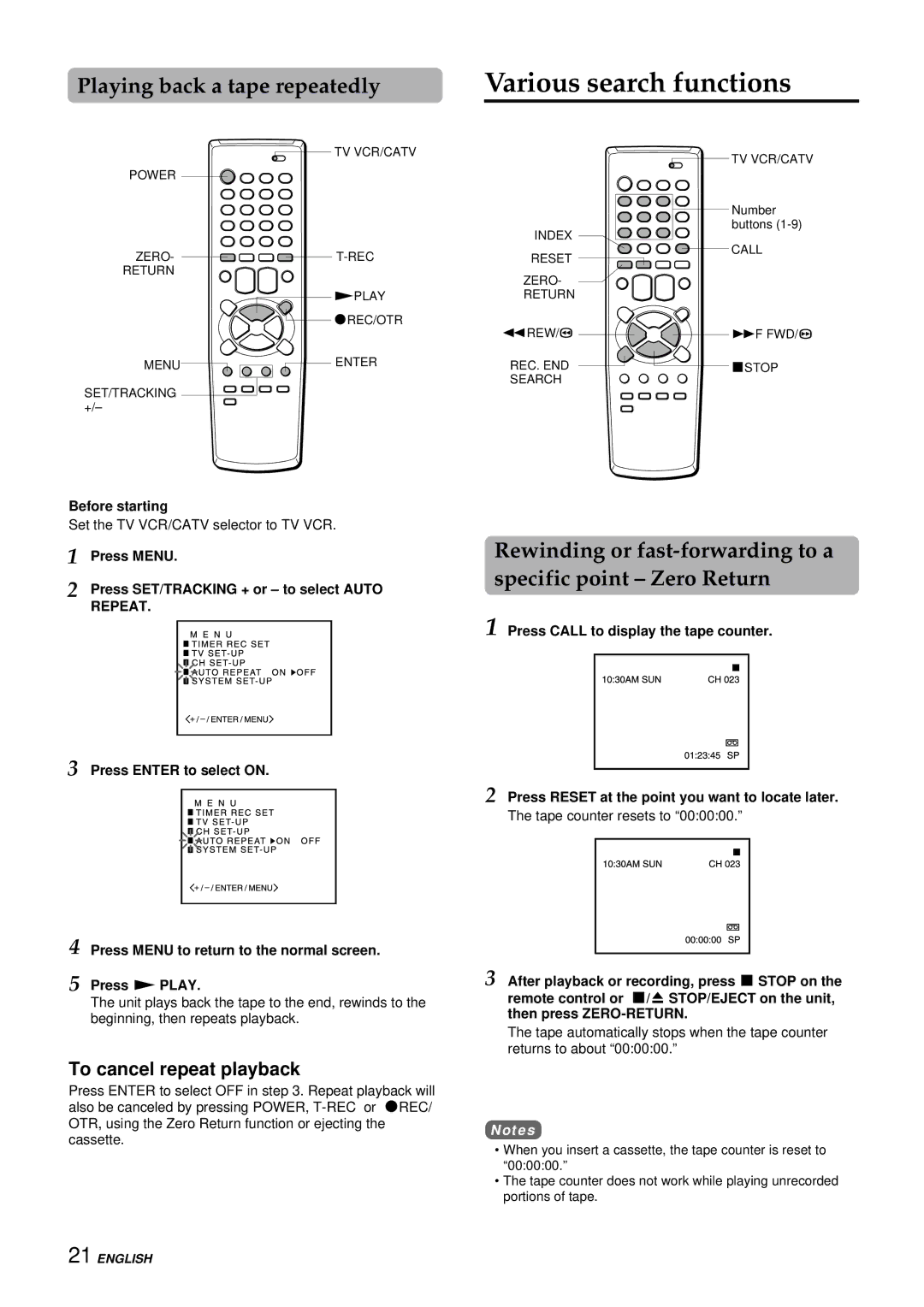 Aiwa VX-S137U, VX-S207U Various search functions, Playing back a tape repeatedly, To cancel repeat playback, Press Menu 