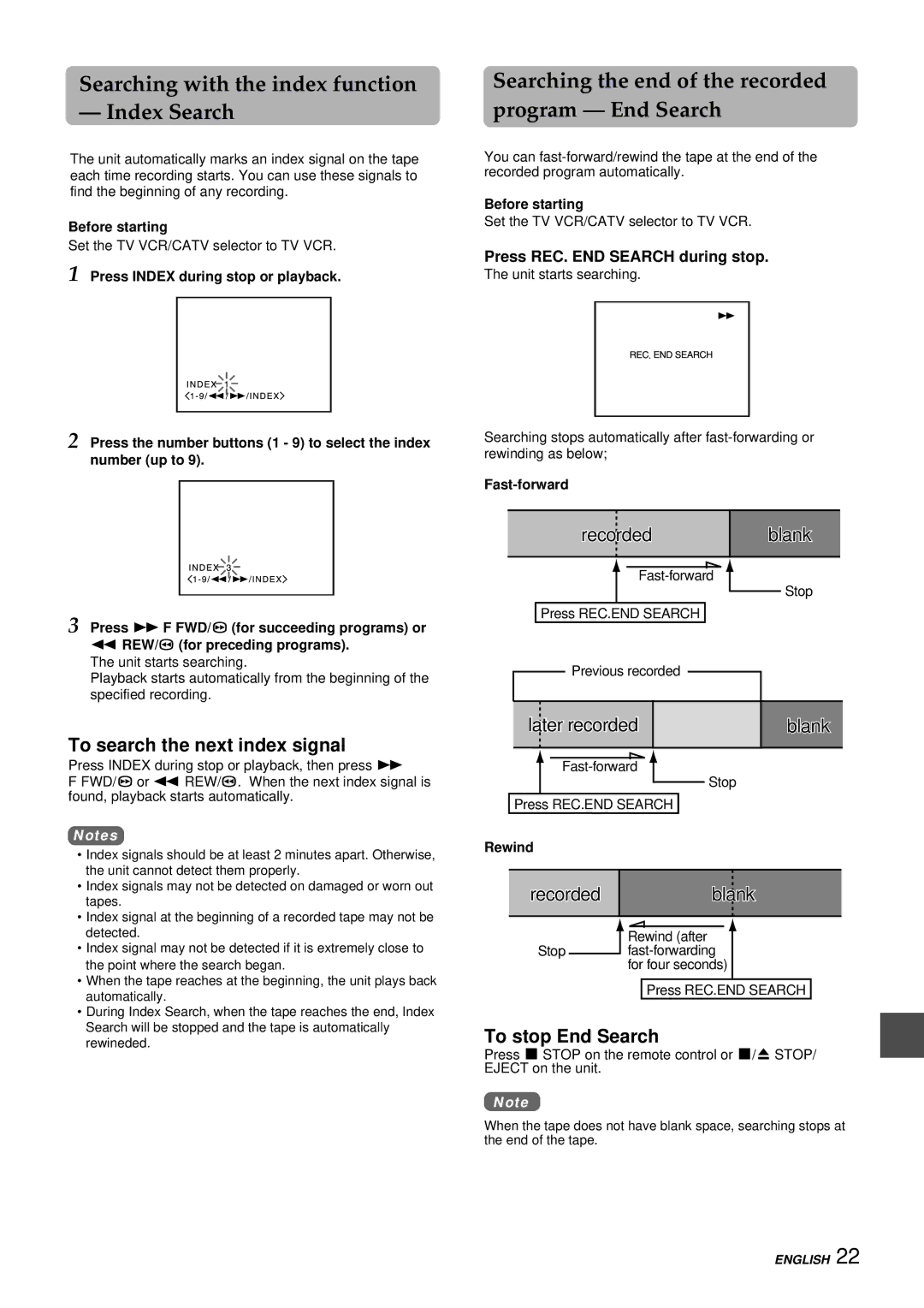 Aiwa VX-S207U manual Searching with the index function Index Search, Searching the end of the recorded program End Search 