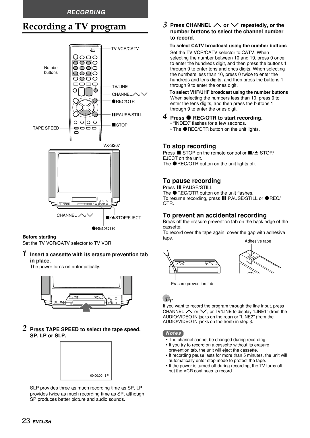 Aiwa VX-S137U, VX-S207U Recording a TV program, To stop recording, To pause recording, To prevent an accidental recording 