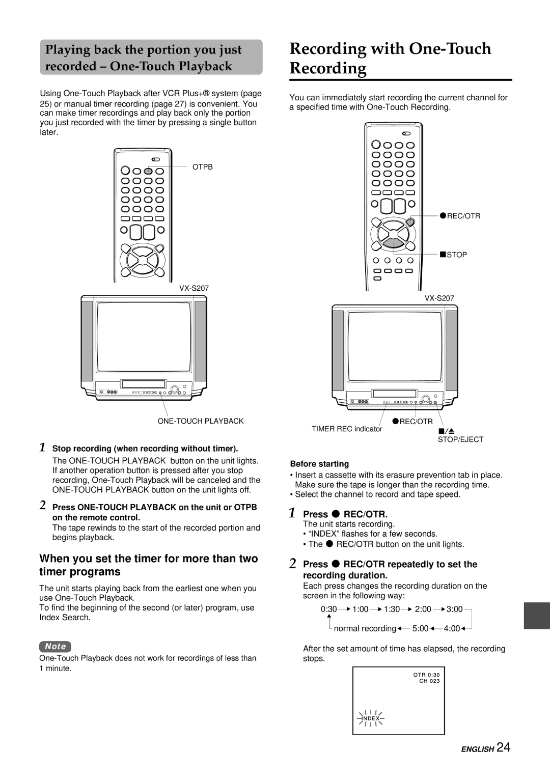 Aiwa VX-S207U Recording with One-Touch Recording, When you set the timer for more than two timer programs, Press w REC/OTR 