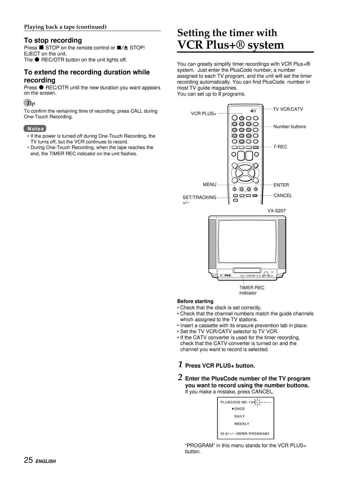 Aiwa VX-S137U, VX-S207U manual Setting the timer with, To extend the recording duration while recording 