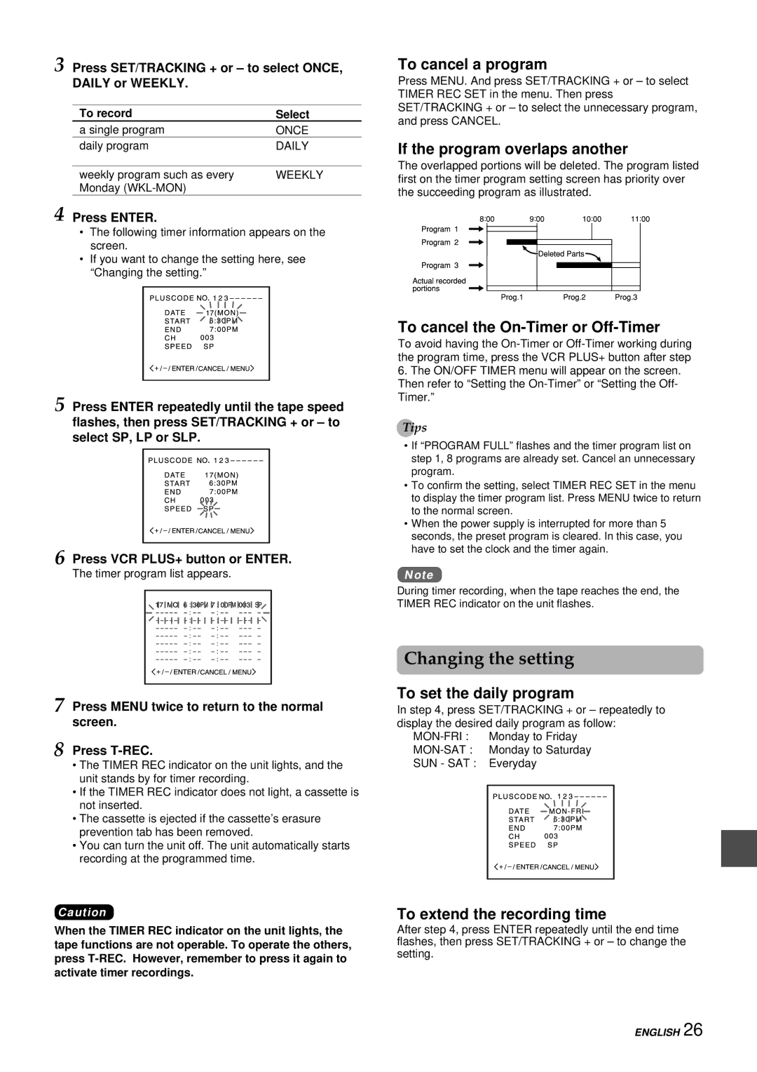 Aiwa VX-S207U, VX-S137U manual Changing the setting 