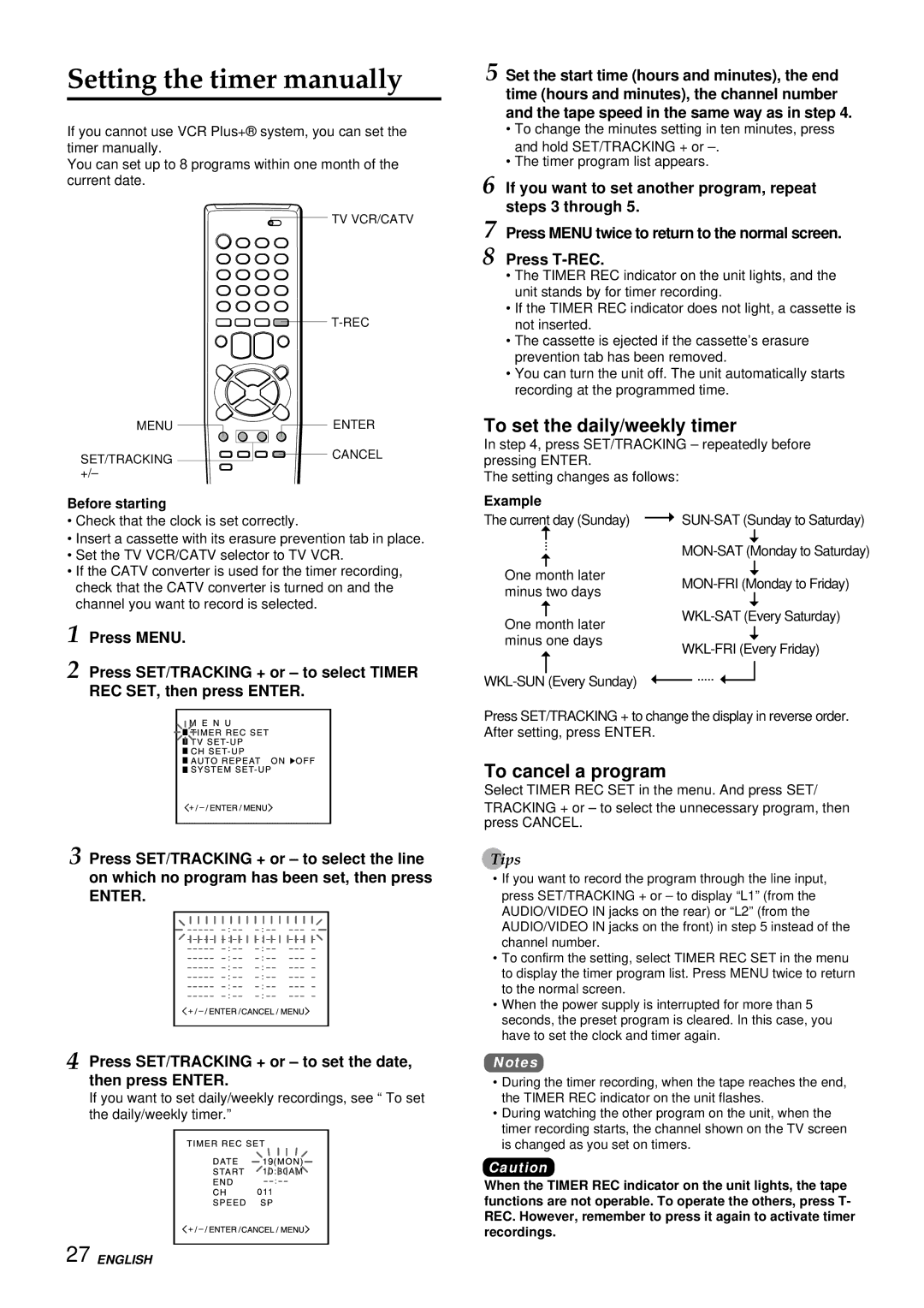 Aiwa VX-S137U, VX-S207U Setting the timer manually, To set the daily/weekly timer, Example 