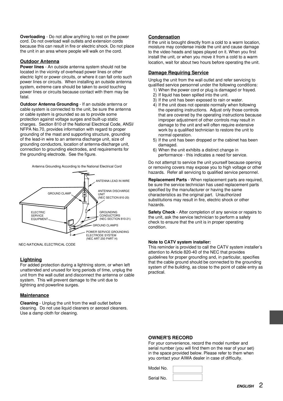 Aiwa VX-S207U, VX-S137U manual Outdoor Antenna, Lightning, Maintenance, Condensation, Damage Requiring Service 