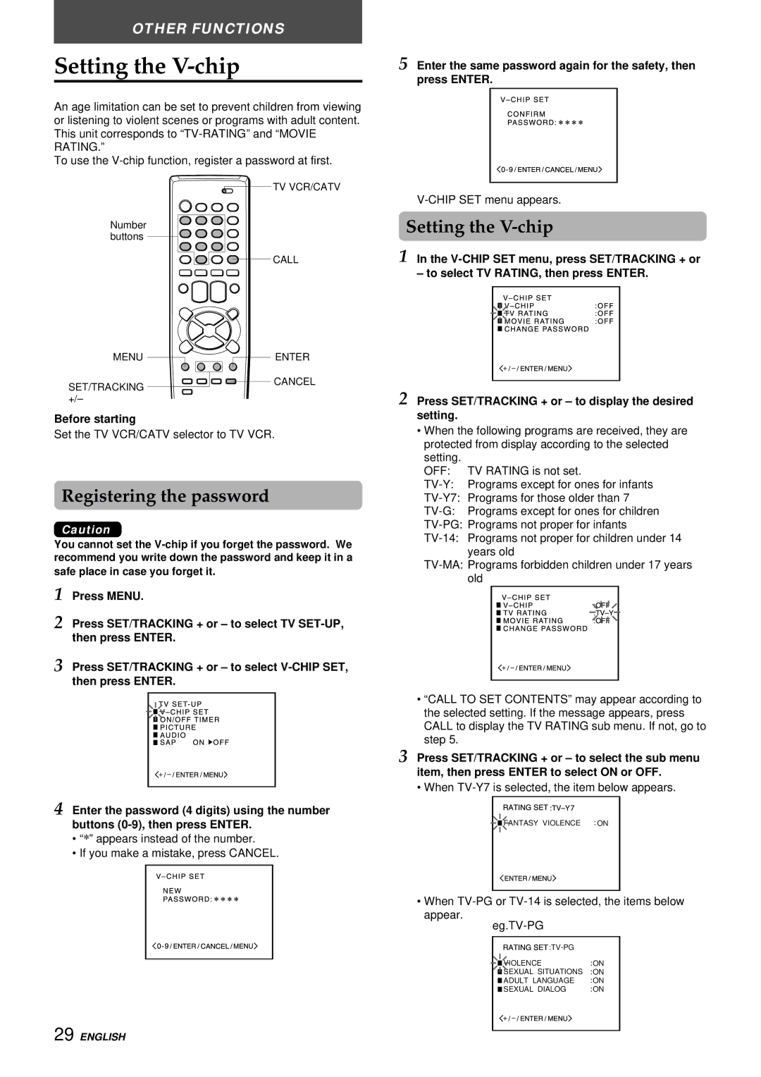 Aiwa VX-S137U manual Setting the V-chip, Registering the password, Press SET/TRACKING + or to display the desired setting 