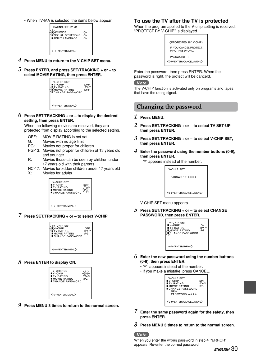 Aiwa VX-S207U, VX-S137U manual Changing the password, To use the TV after the TV is protected 