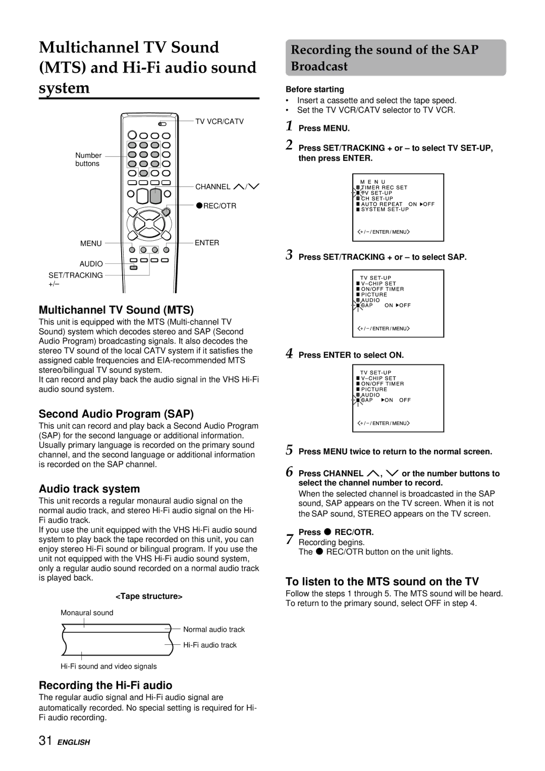 Aiwa VX-S137U, VX-S207U Multichannel TV Sound MTS and Hi-Fi audio sound system, Recording the sound of the SAP Broadcast 