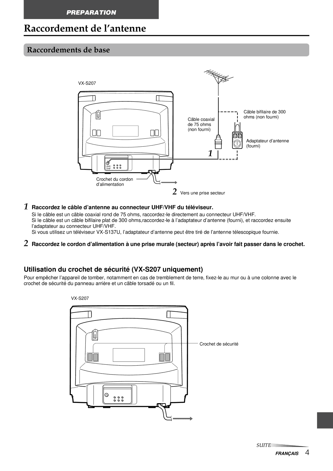 Aiwa VX-S207U Raccordement de l’antenne, Raccordements de base, Utilisation du crochet de sé curité VX-S207 uniquement 