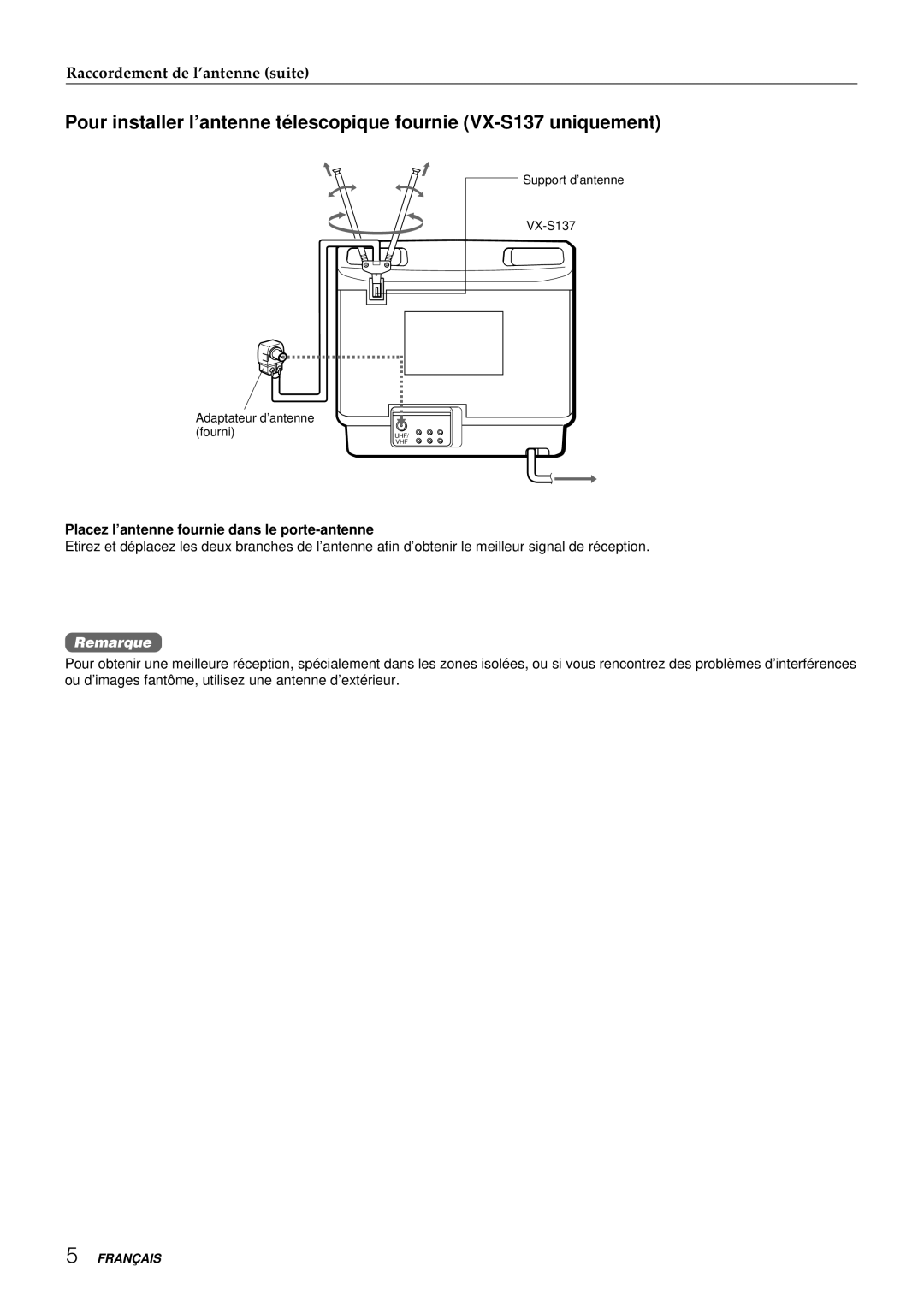 Aiwa VX-S137U, VX-S207U manual Placez l’antenne fournie dans le porte-antenne, Remarque 