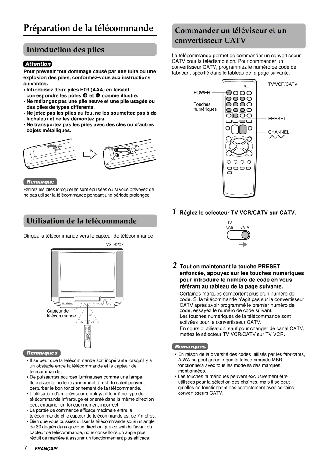 Aiwa VX-S137U Préparation de la télécommande, Introduction des piles, Commander un téléviseur et un convertisseur Catv 