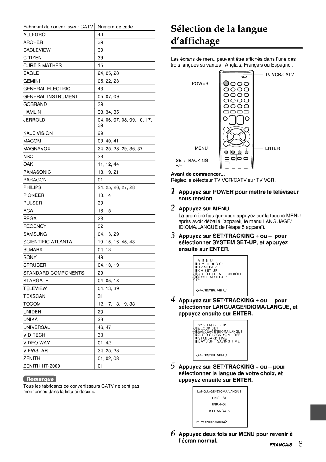 Aiwa VX-S207U, VX-S137U manual Sélection de la langue d’affichage, Appuyez deux fois sur Menu pour revenir à ’é cran normal 