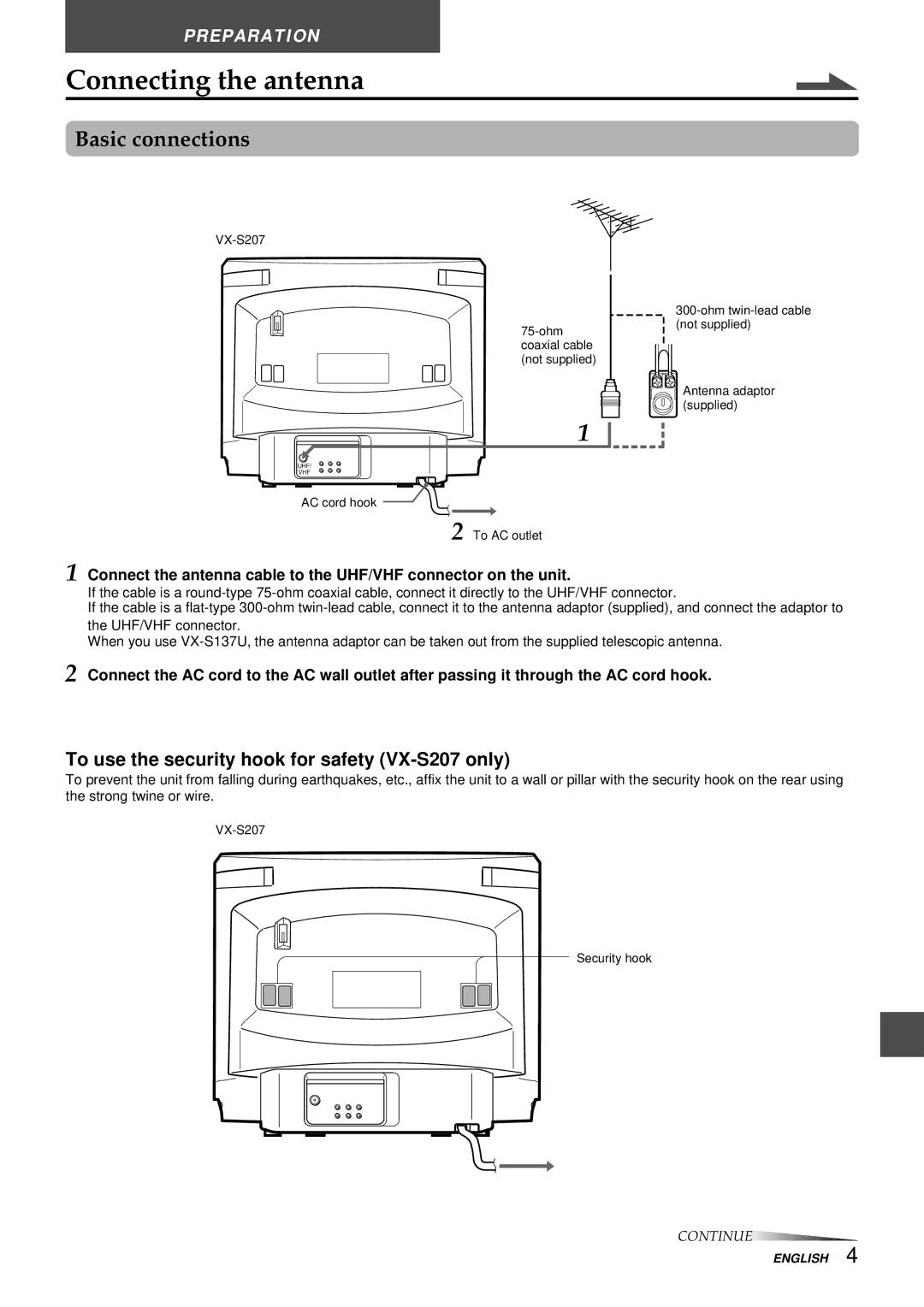 Aiwa VX-S207U, VX-S137U manual Connecting the antenna, Basic connections, To use the security hook for safety VX-S207 only 