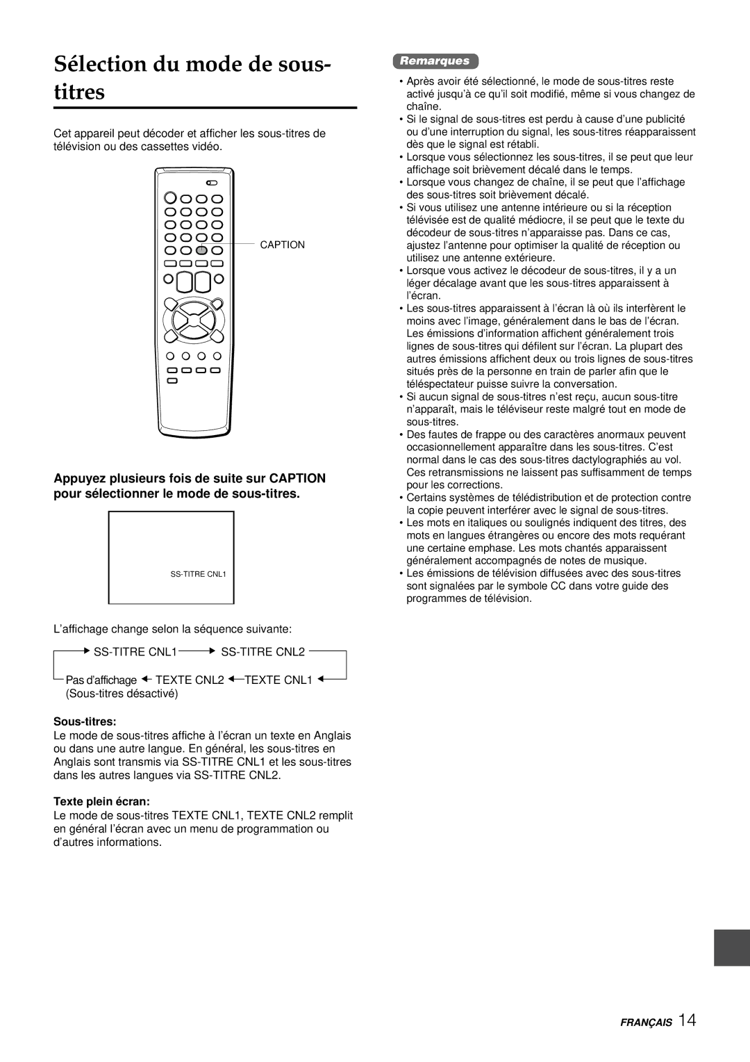 Aiwa VX-S207U, VX-S137U manual Sélection du mode de sous- titres, ’affichage change selon la séquence suivante, Sous-titres 