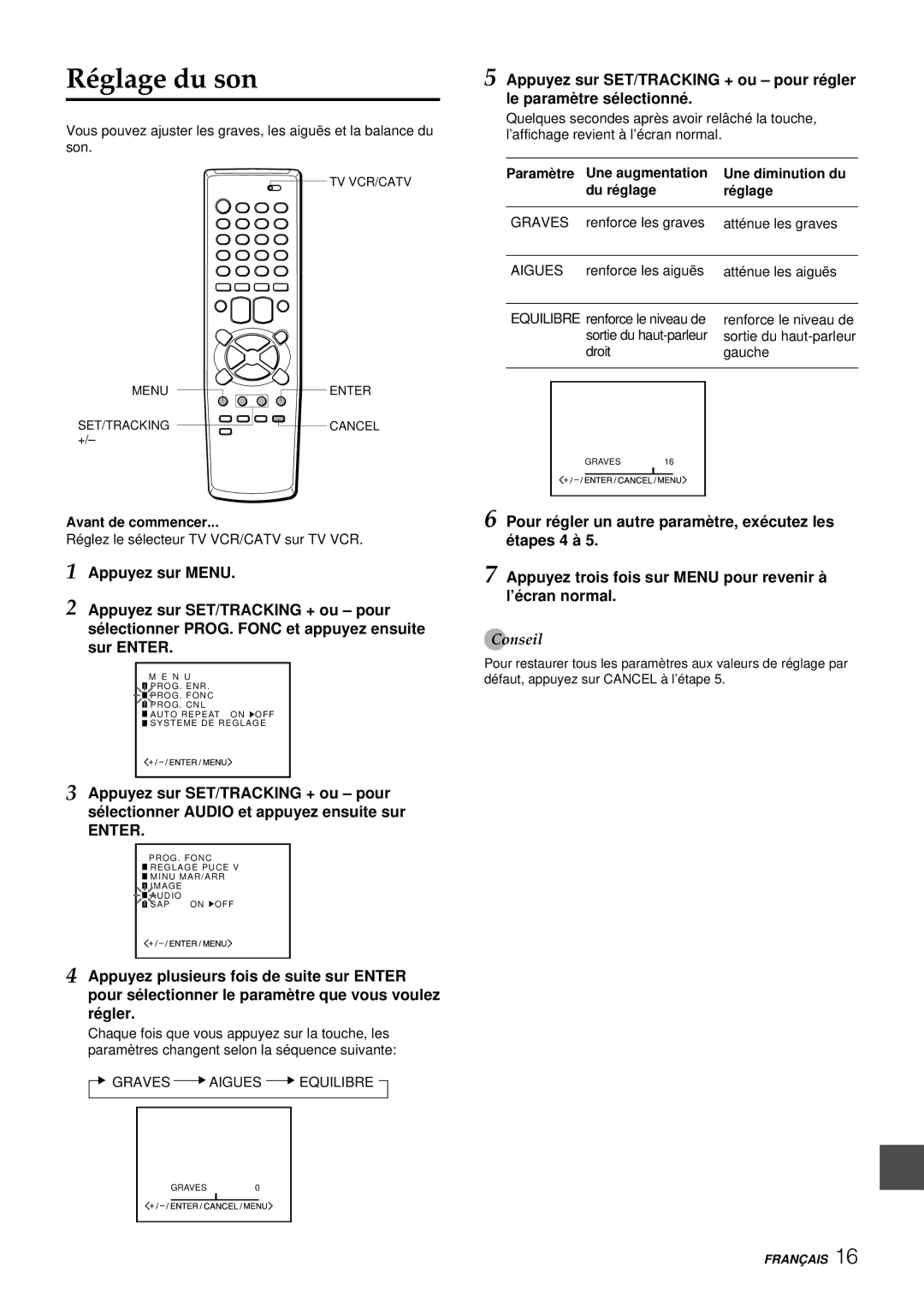 Aiwa VX-S207U Réglage du son, Renforce les graves Atténue les graves, Renforce les aiguës Atténue les aiguës, Droit Gauche 