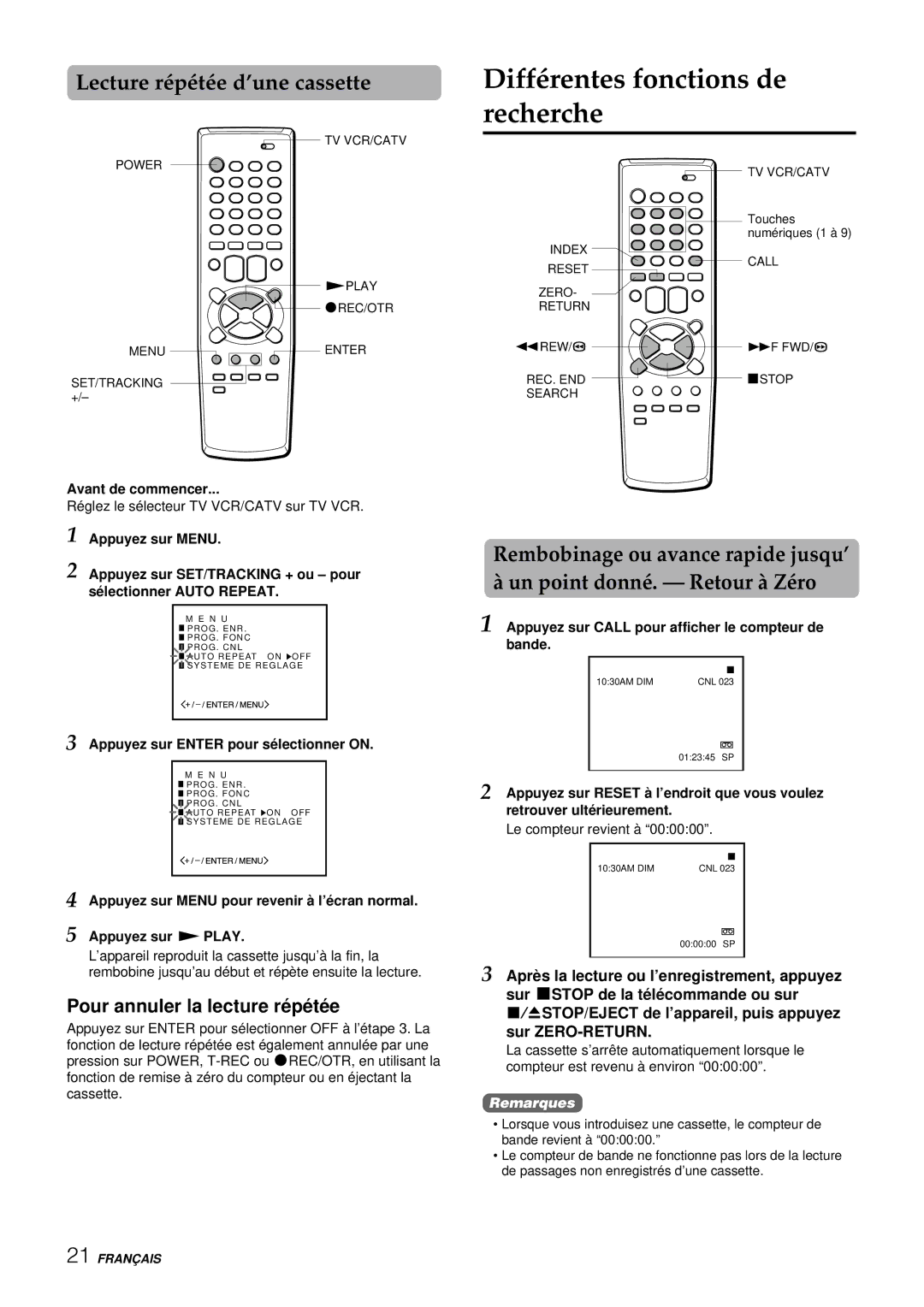 Aiwa VX-S137U manual Différentes fonctions de recherche, Lecture répétée d’une cassette, Pour annuler la lecture ré pé té e 