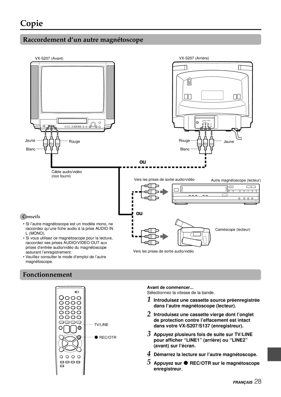 Aiwa VX-S207U, VX-S137U Copie, Raccordement d’un autre magnétoscope, Fonctionnement, Sélectionnez la vitesse de la bande 