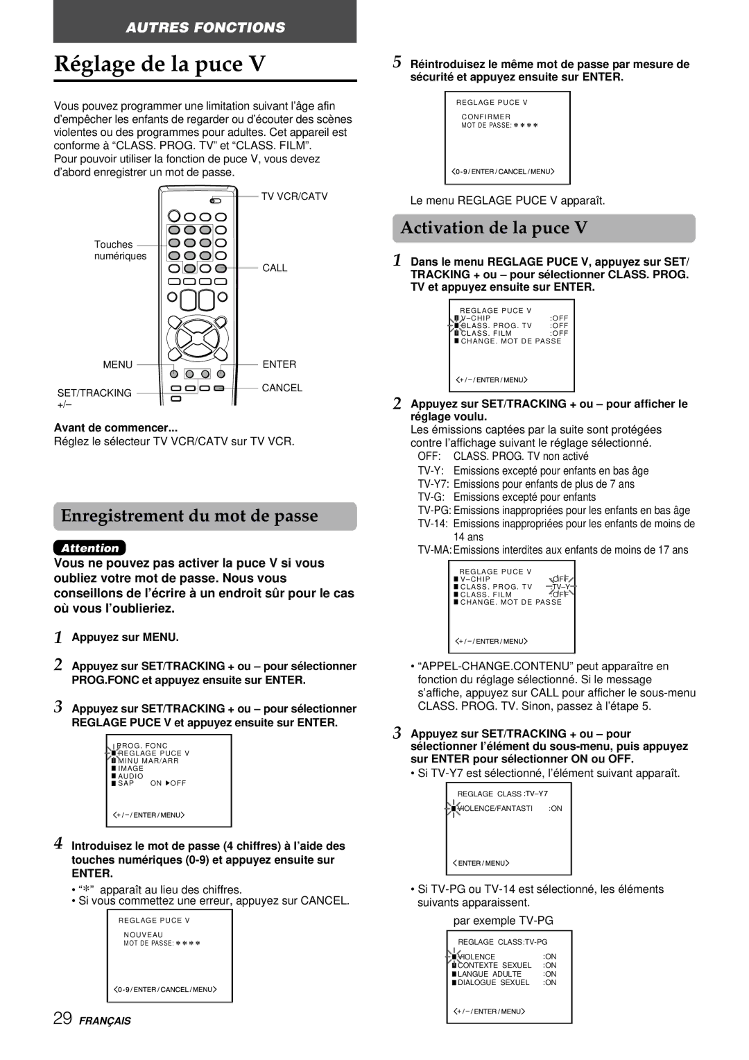 Aiwa VX-S137U, VX-S207U manual Réglage de la puce, Enregistrement du mot de passe, Activation de la puce 