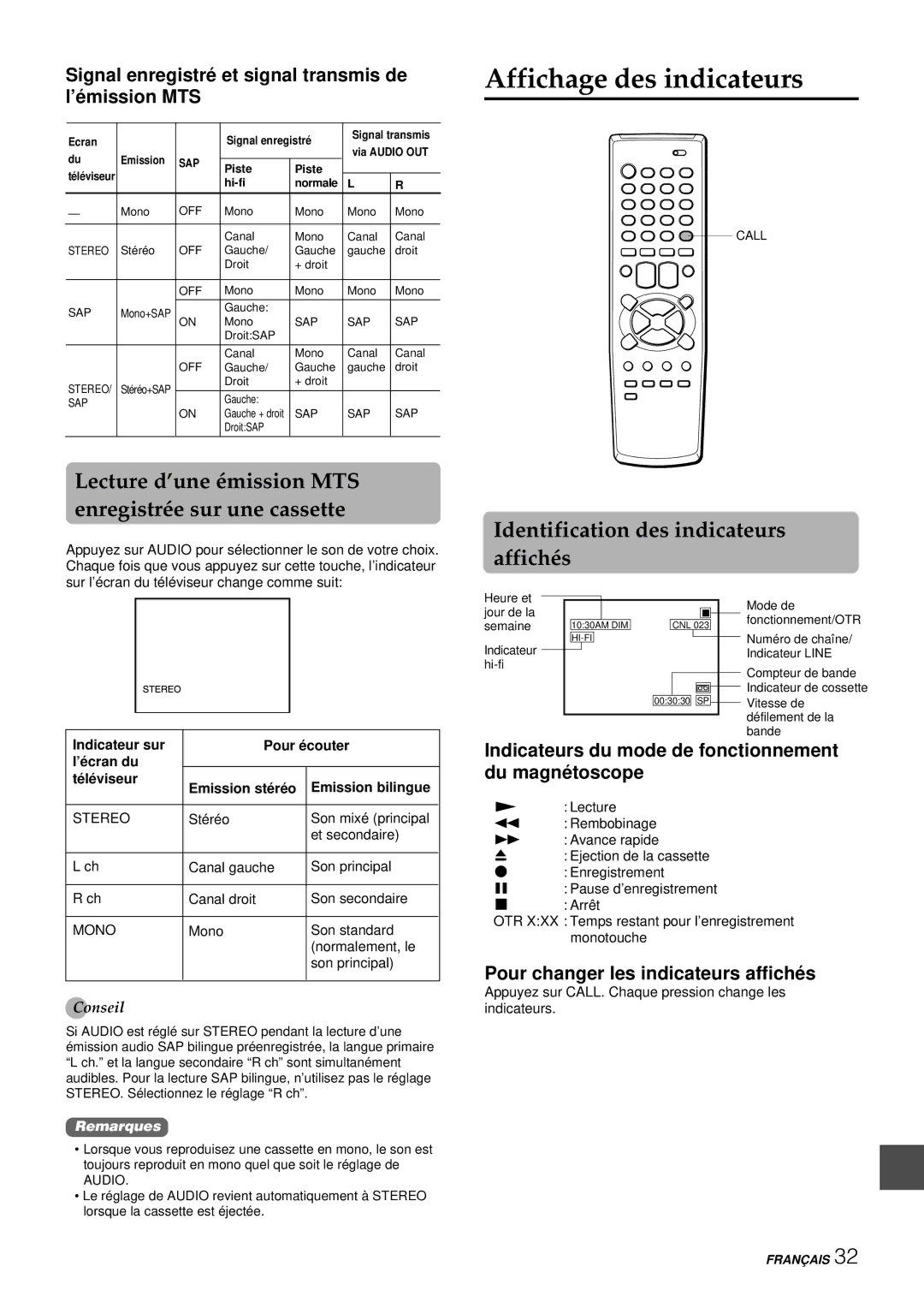 Aiwa VX-S207U, VX-S137U manual Affichage des indicateurs, Lecture d’une émission MTS enregistrée sur une cassette 