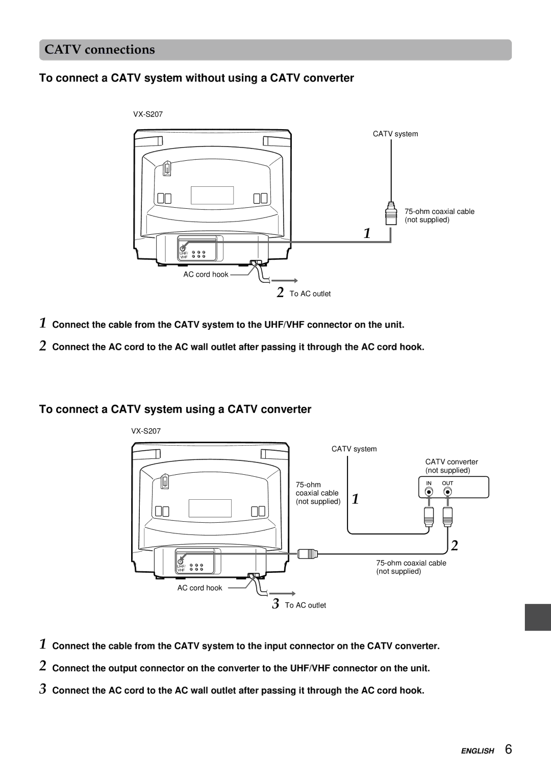 Aiwa VX-S207U, VX-S137U manual Catv connections, To connect a Catv system without using a Catv converter 